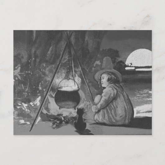 モノクロウィッチブラックキャットキャットカルドロンフルムーン ポストカード (正面)