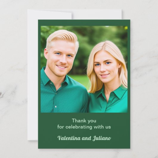 モノクロエメラルドグリーンをテーマ結婚に写真 サンキューカード (正面)