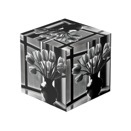 "モノクロエレガンス：白黒チューリップスティルライフ フォトキューブ (裏面アングル)