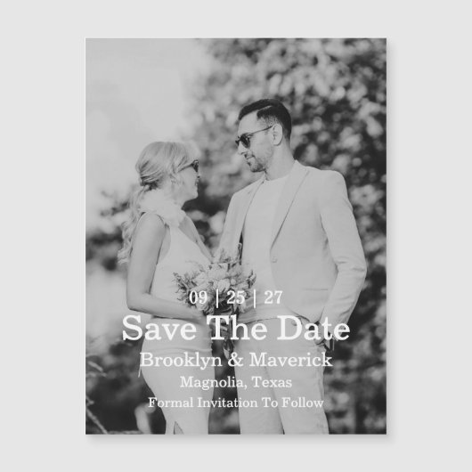 モノクロエレガントな結婚式の「Save The Date」フォトマグネット (正面)