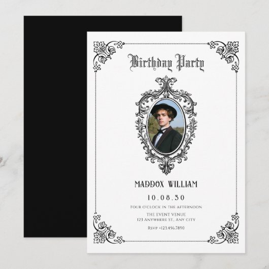 モノクロクラシックゴシック写真誕生日 招待状 (正面/裏面)