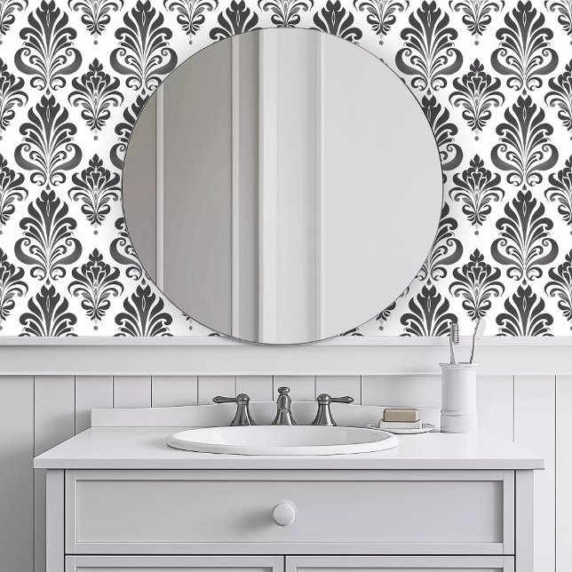 モノクログエレガントレイ 壁紙 (Monochromatic Elegant Gray Wallpaper in a white bathroom.)
