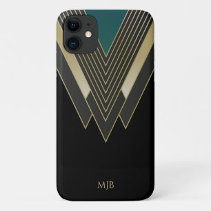 モノクログラム付き黒および金ゴールドアールデコパターン iPhone 11 ケース