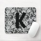 モノクログラム付き黒のホワイトレース マウスパッド (マウス)