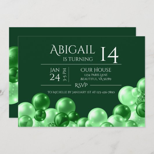 モノクログリーンバルーンアーチモダン誕生日 招待状 (正面/裏面)