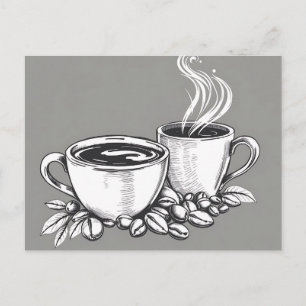 モノクロコーヒーカップと豆 ポストカード