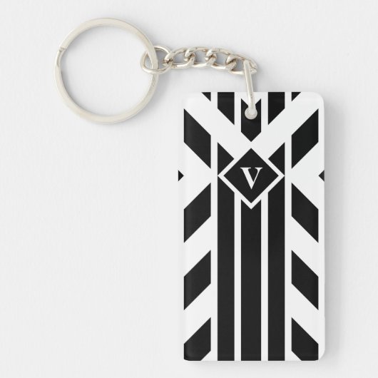 モノクロストライプの四角形の黒い文字 キーホルダー (正面)
