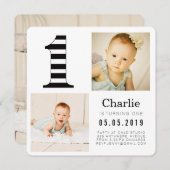 モノクロストライプ1st誕生日フォトカード 招待状 (正面/裏面)