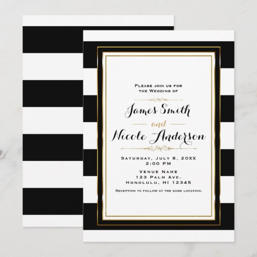 モノクロストライプ ゴールドのおしゃれなエレガントな結婚式 招待状 (正面/裏面)