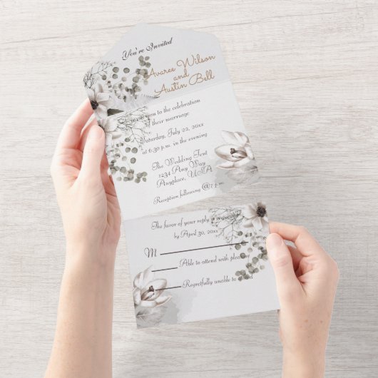 モノクロセピア水彩花オールインワン オールインワン招待状 (貼ってはがせる)