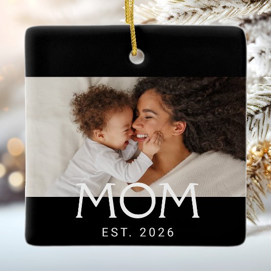 モノクロタイポグラフィ写真「Mom Established」 セラミックオーナメント