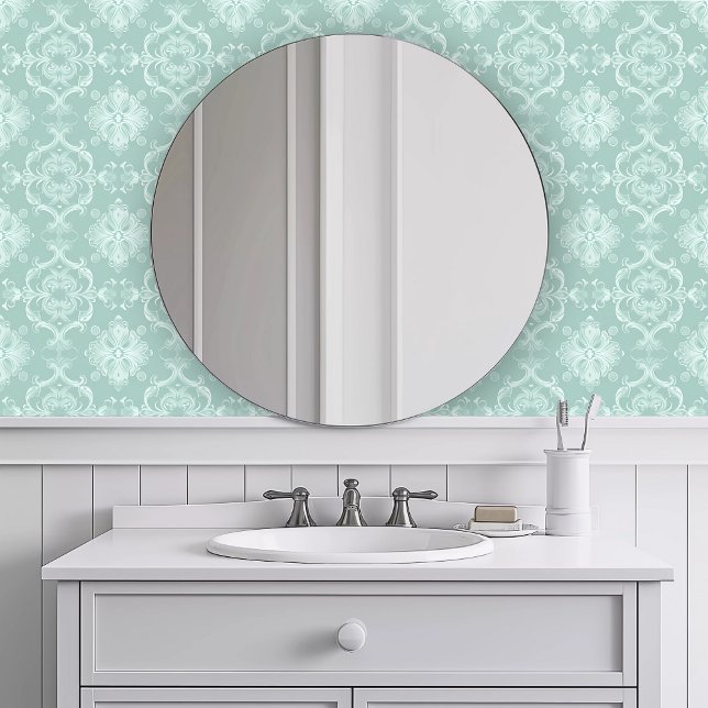 モノクロティール（緑がかった色）繰 壁紙 (Monochromatic Teal Repeating Wallpaper in a white bathroom.)