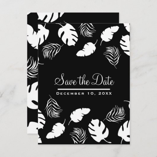 モノクロトロピカルリーフスタイルの chic な Save the Date 案内ポストカード (正面/裏面)