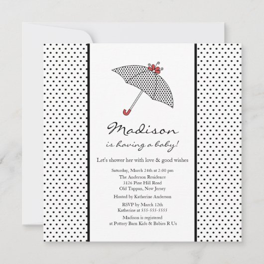 モノクロドット傘 ベビーシャワー 招待状 (正面)