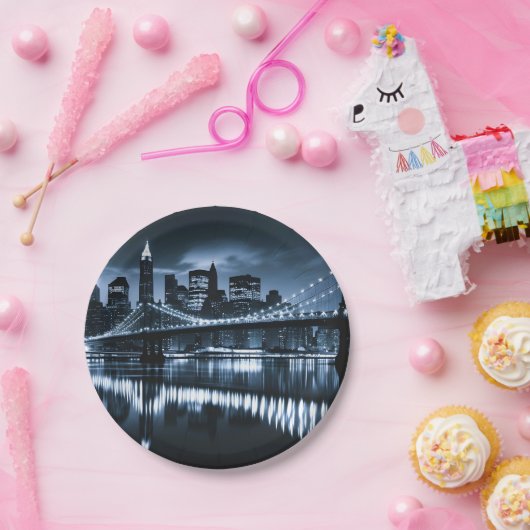 モノクロニューヨークスカイライン夜景 ペーパープレート (パーティー)