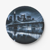 モノクロニューヨークスカイライン夜景 ペーパープレート (正面)