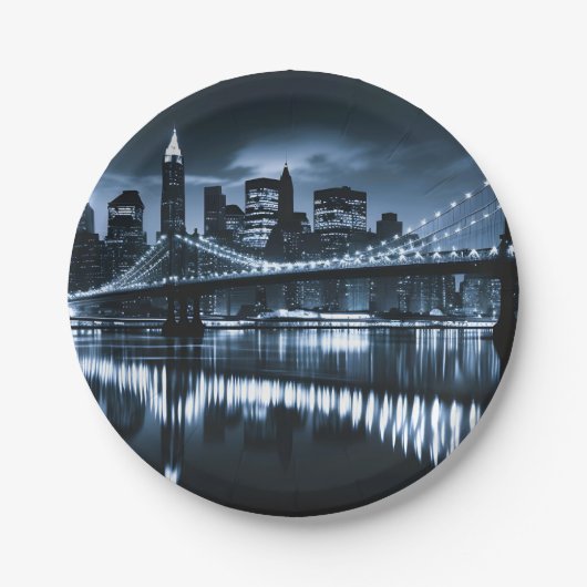 モノクロニューヨークスカイライン夜景 ペーパープレート (正面)