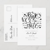 モノクロハートのカリグラフィー・スクリプトの結婚式日程カード 案内ポストカード (正面/裏面)