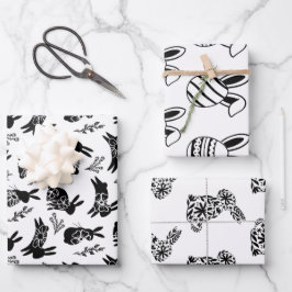 モノクロバニーと卵ミニマリストセット3 ラッピングペーパーシート