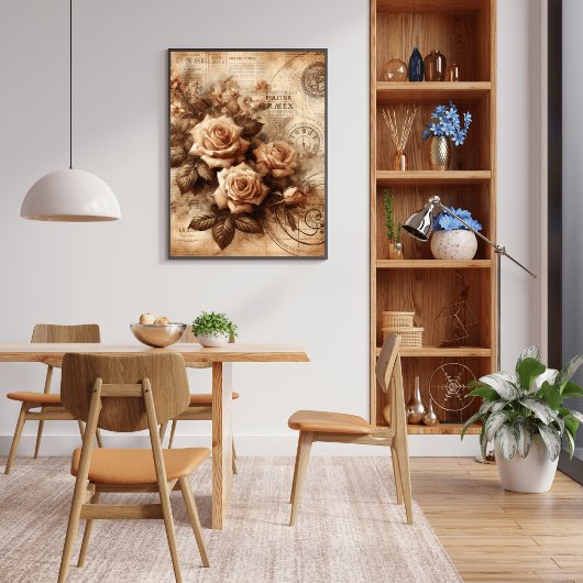 モノクロバラエレガント白黒フローアアート ポスター