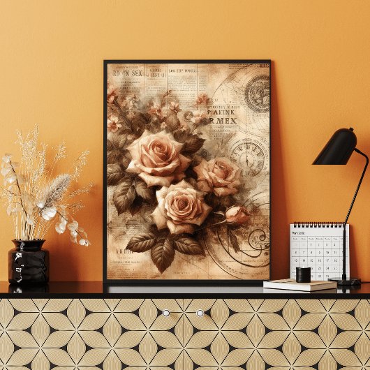 モノクロバラエレガント白黒フローアアート ポスター