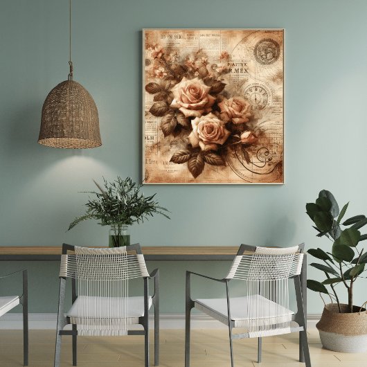 モノクロバラエレガント白黒フローアアート ポスター