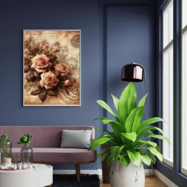 モノクロバラエレガント白黒フローアアート ポスター