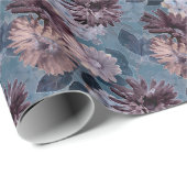 モノクロパープル：フローラ水色シームレス ラッピングペーパー (ロールコーナー)