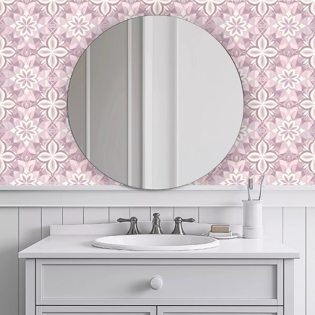 モノクロピンクの幾何学的 壁紙 (Monochromatic Pink Geometric Wallpaper in a white bathroom.)