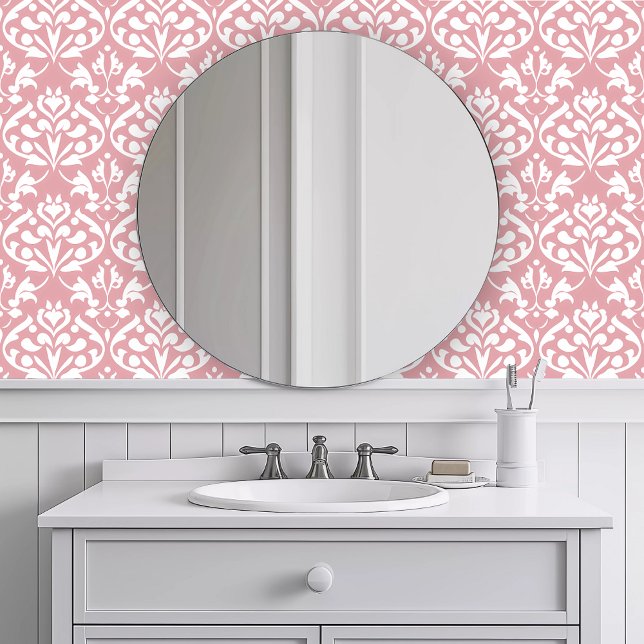 モノクロピンク反復 壁紙 (Monochromatic Pink Repeating Wallpaper in a white bathroom.)