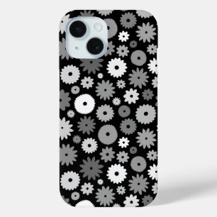 モノクロフラワーの繰り返しパターン iPhone 15ケース