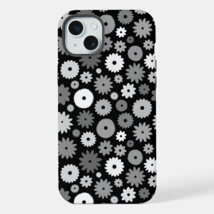 モノクロフラワーの繰り返しパターン iPhone 15 PLUSケース