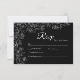 モノクロフラワーラインアート結婚式RSVPカード 出欠カード