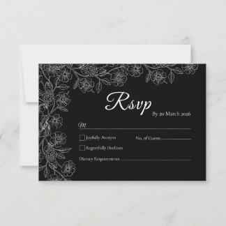 モノクロフラワーラインアート結婚式RSVPカード 出欠カード