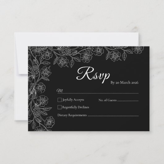 モノクロフラワーラインアート結婚式RSVPカード 出欠カード (正面)