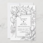 モノクロフラワーリボン 結婚式 招待状 (正面)