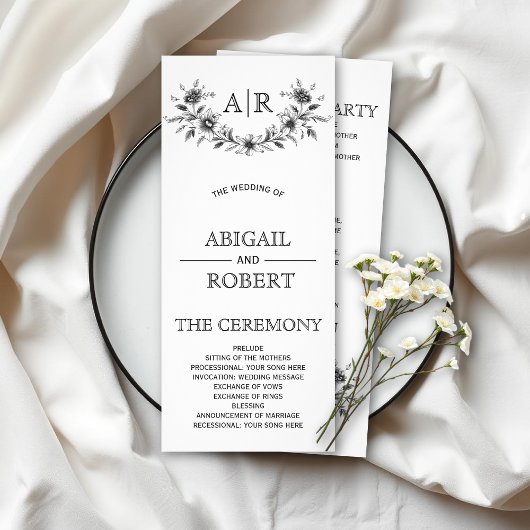 モノクロフローラのウェディングプログラム付き黒いフレーム ラックカード