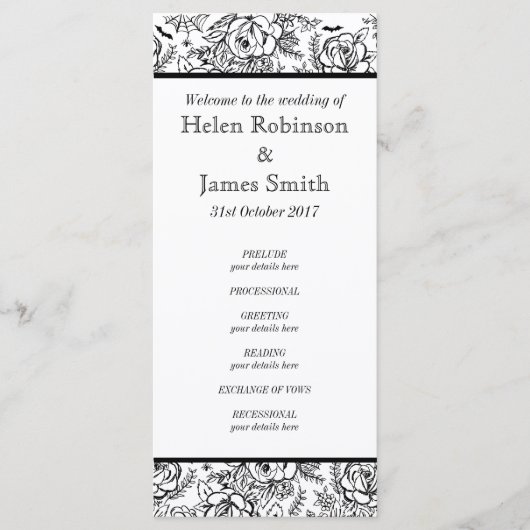 モノクロフローラタトゥー結婚式プログラム プログラム (正面)