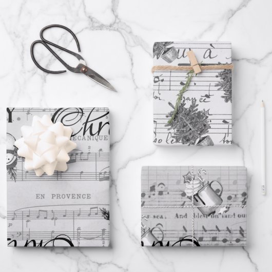 モノクロブラックメリークリスマスハッピーホリデー ラッピングペーパーシート (正面)