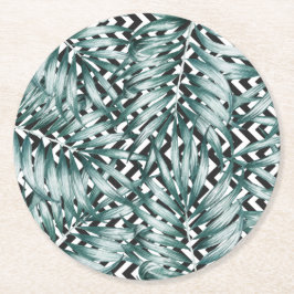 モノクロブラック&ホワイトジグザググリーンリーフデザイン ラウンドペーパーコースター