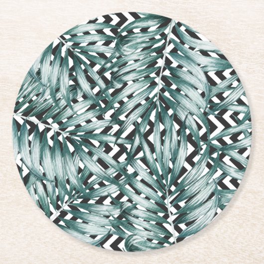 モノクロブラック&ホワイトジグザググリーンリーフデザイン ラウンドペーパーコースター (正面)