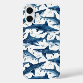 モノクロブルーウォーターカラーシャーク海 iPhone 16 PLUSケース