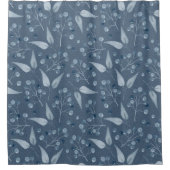 モノクロブルーグレーのリーフとベリーパターン シャワーカーテン (正面)