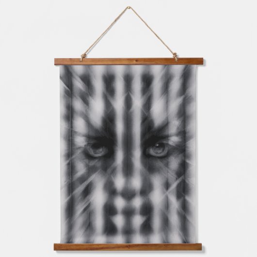 「モノクロミステリー抽象芸術顔つるウォール」 吊り下げ型タペストリー (正面)