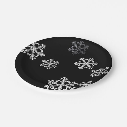 モノクロミニマリストスノーフレークのクリスマスパターン ペーパープレート (アングル)