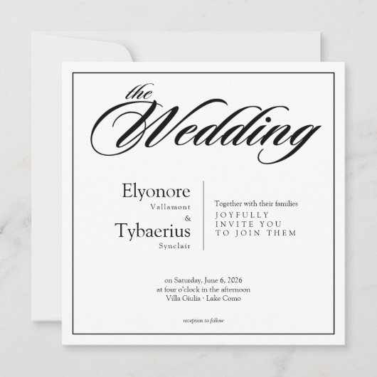 モノクロミニマルスクエア結婚式招待状 カード (正面)