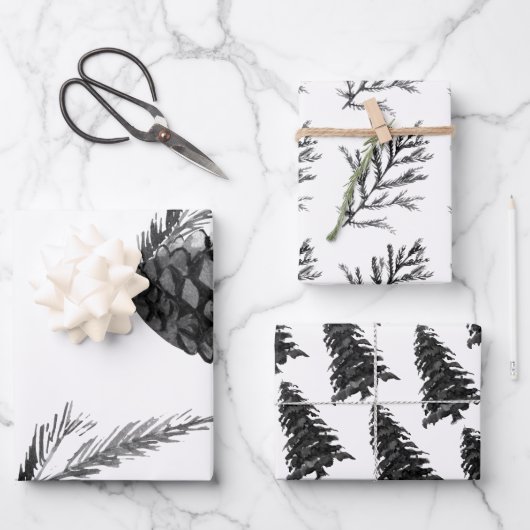 モノクロムウィンタークリスマスツリーパインブランチコーン ラッピングペーパーシート (正面)
