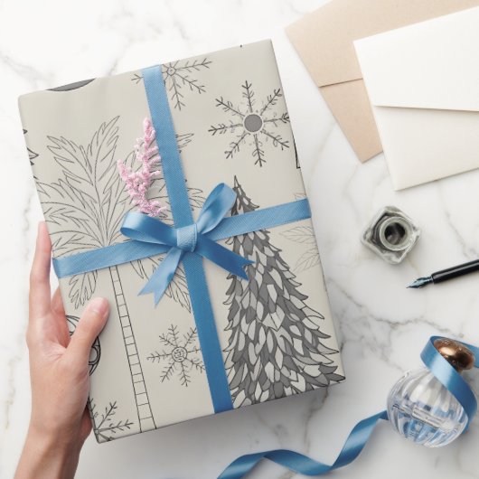 モノクロモダンな雪の結晶のクリスマス ラッピングペーパー (ギフト)