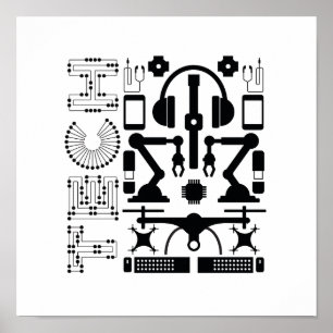 モノクロモダンテクノロジオブジェクトのパターン ポスター
