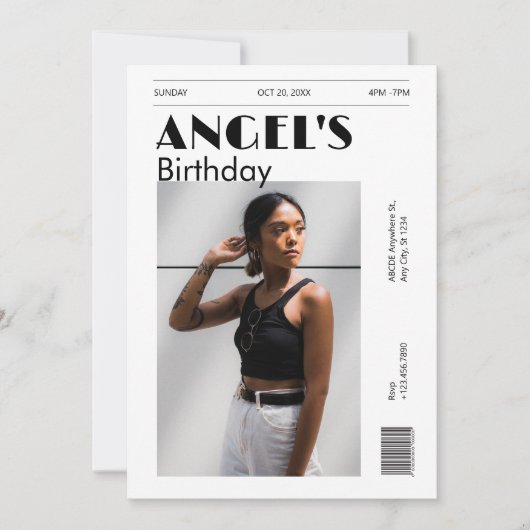 モノクロモダンミニマル写真誕生日 招待状 (正面)